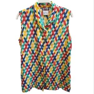 Vintage Quo-Silk 100% Silk Sleeveless Blouse in Colourful Retro Pattern - S/M